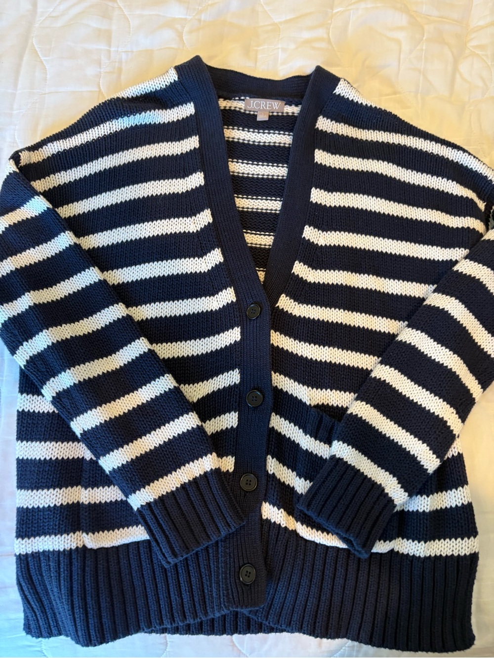 J. Crew Navy and White Striped Knit Cardigan, new no tags, Size L